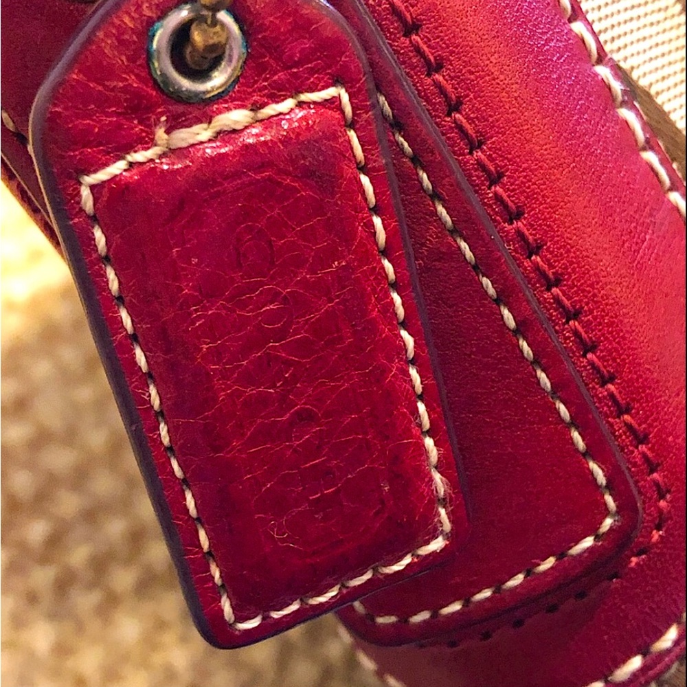 COACH Hampton Signature C Canvas Crimson Red Leather Embroidered Shoulder Bag - Picture 10 of 16